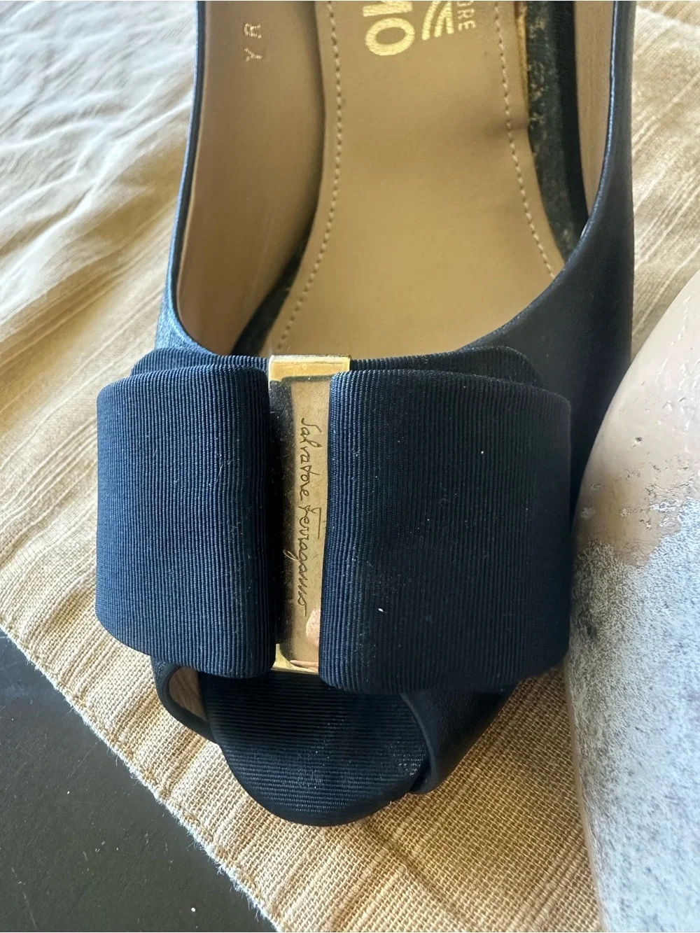 SALVATORE FERRAGAMO Black Leather Vara Bow Peep Toe Heels